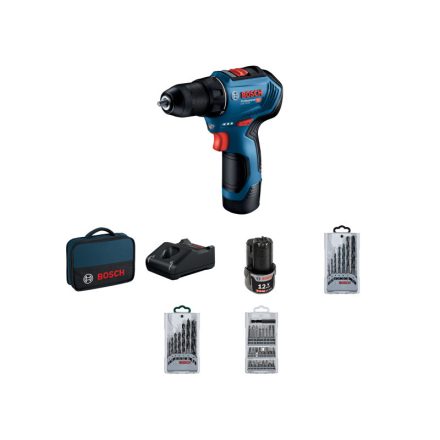 BOSCH Akkus fúrócsavarozó GSR 12V-30 táskában + tartozék készletek (2 x 2,0 Ah akku + gyorstöltő)