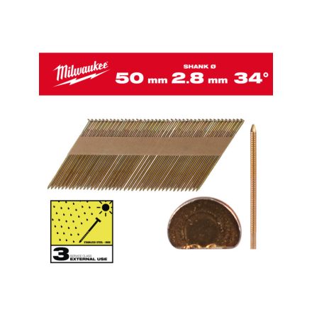 MILWAUKEE Szerkezetépítő szegek, D-fejű, tüzihorganyzott 34° SC3 - 2,8 x 50 mm (2200 db)