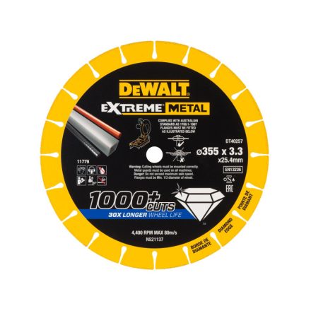 DEWALT EXTREME METAL Gyémánt vágókorong fémre 355 x 3,3  x 25,4 mm (fém/alu/inox)