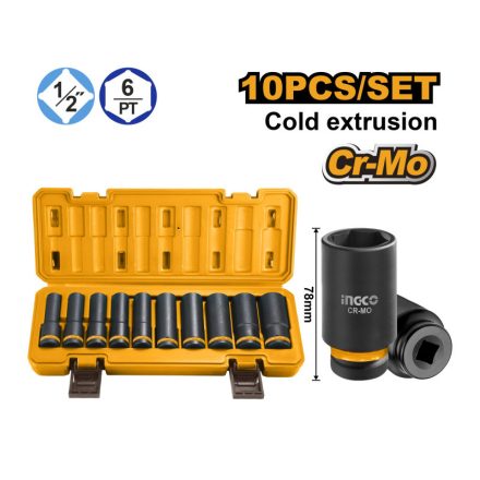 INGCO Hosszú gépi dugókulcs készlet 10 részes 1/2" 10-24 mm CrMo