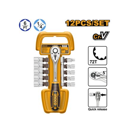 INGCO Dugókulcs készlet 12 részes 1/4" 5-14 mm CrV