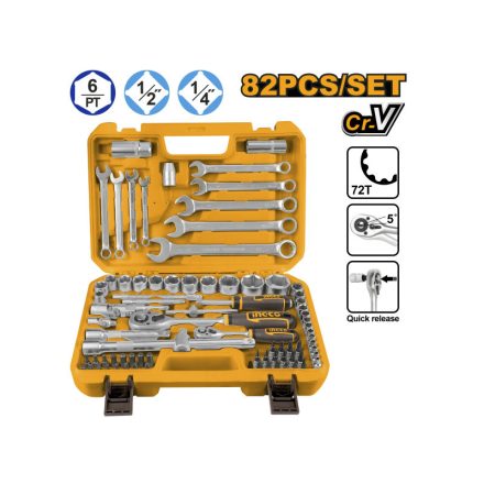 INGCO Dugókulcs készlet 82 részes 1/4" 4-10 mm, 1/2" 10-32 mm CrV